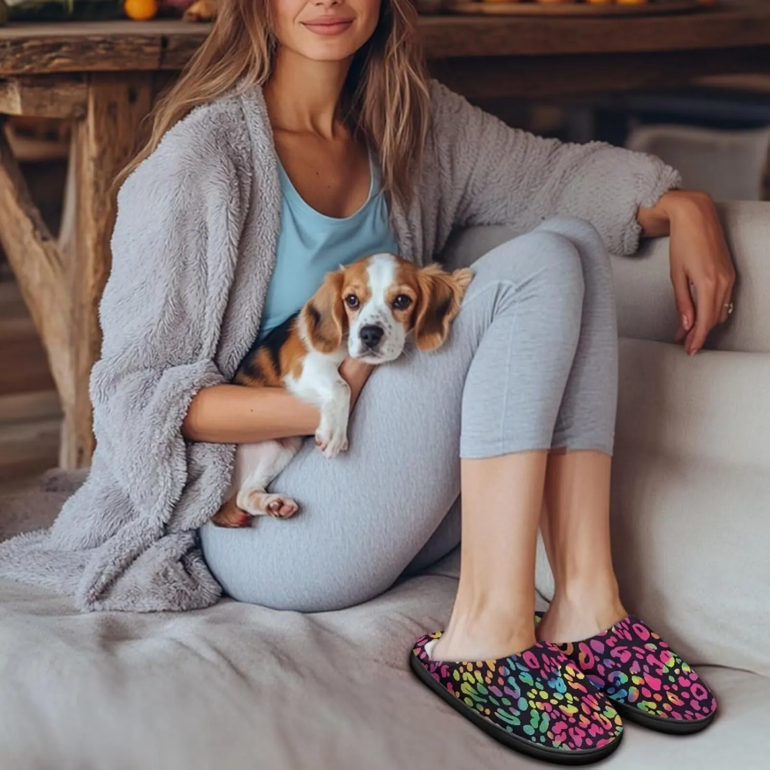 Jeiento Animal Print Cotton Slippers for Women Casual Soft Slides Lightweight Scuff Slippers