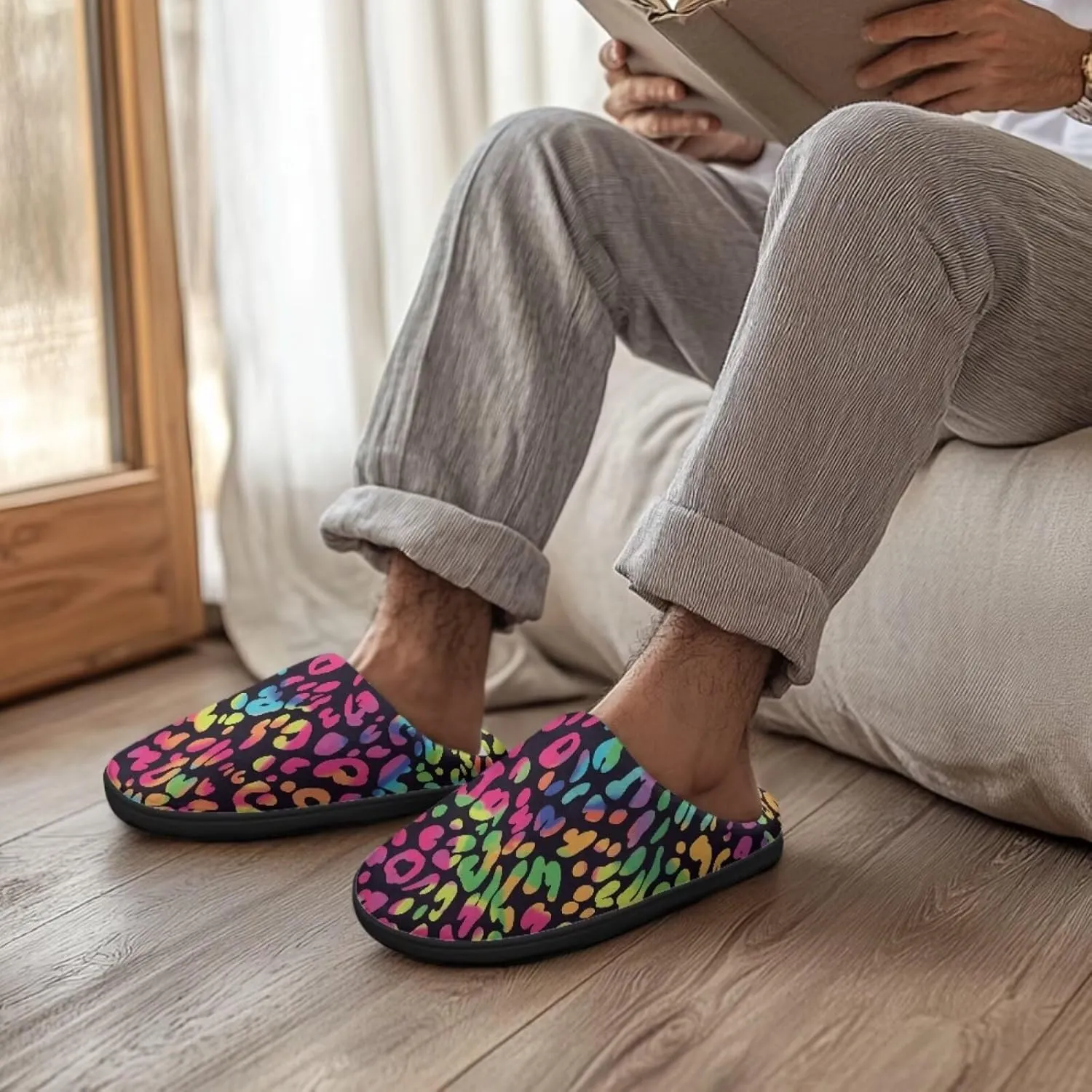 Jeiento Animal Print Cotton Slippers for Women Casual Soft Slides Lightweight Scuff Slippers