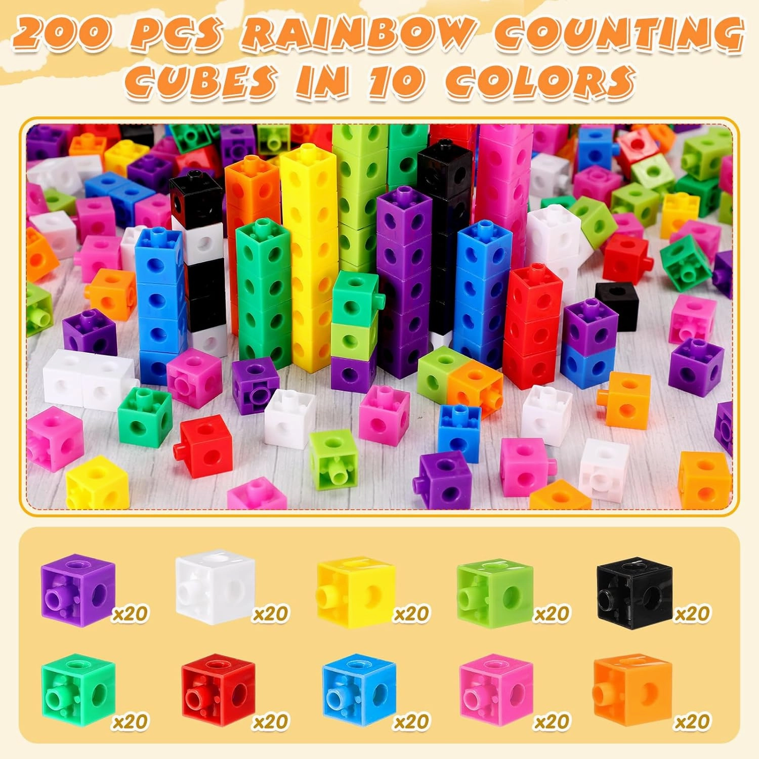 Jenaai 200 Pcs Math Cubes Counting Blocks Linking Connecting Cubes Math Manipulatives with Storage Container Educational Toy for Kids Age 4-8 Kindergarten STEM Activities Preschool(Blue)
