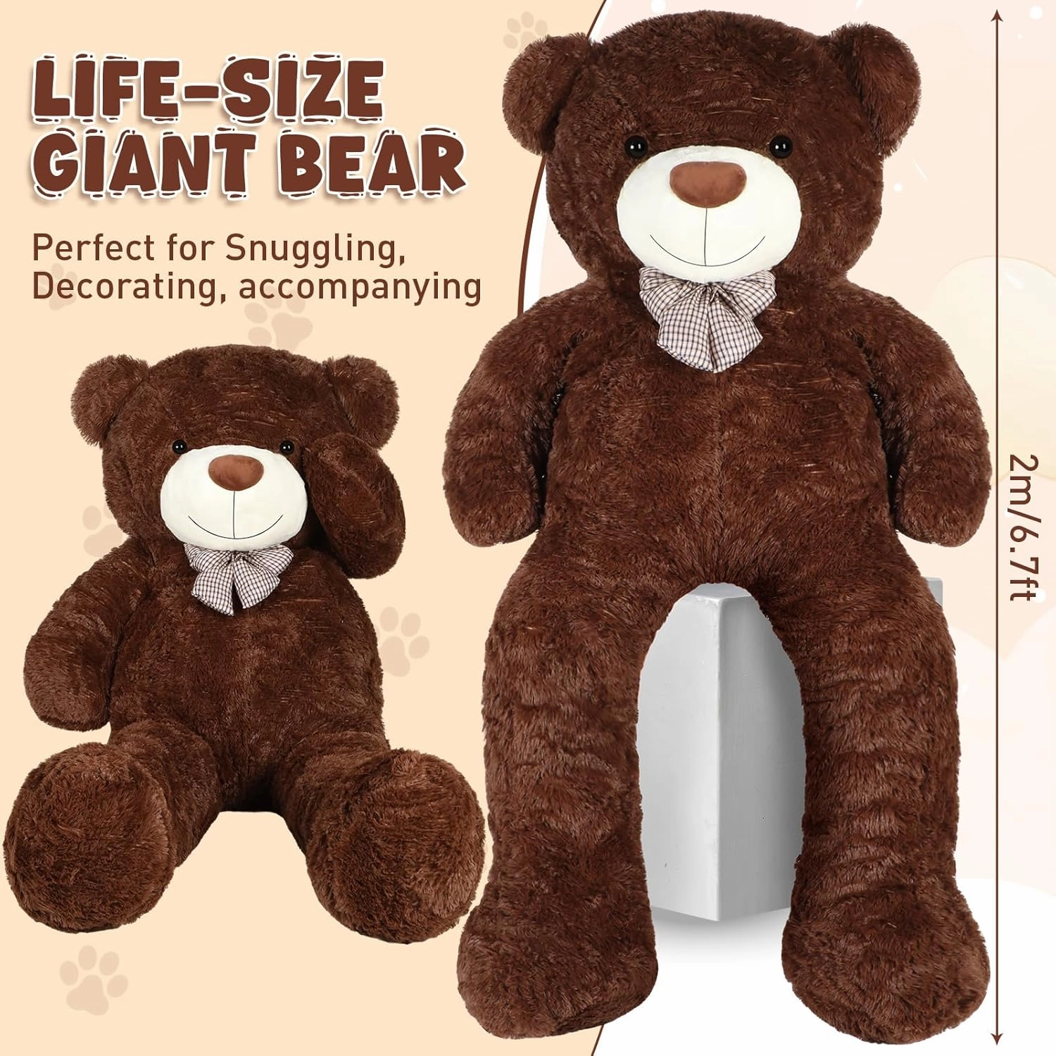 Jerify 78.8" Tall (6.56 Feet) Giant Plush Bear Light Soft Stuffed Bear with Ribbon Bow Cuddly Plush Animal for Birthday Mother's Day Graduation Christmas Holiday Party Favor(Dark Black Brown)