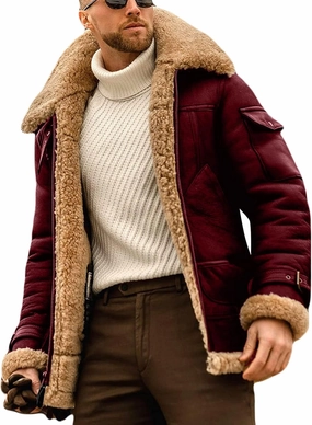 JEShifangjiusu Mens Faux Leather Jacket Sheepskin Shearling Flight Jacket Fur Collar Aviator Coat Thermal Lined Overcoat