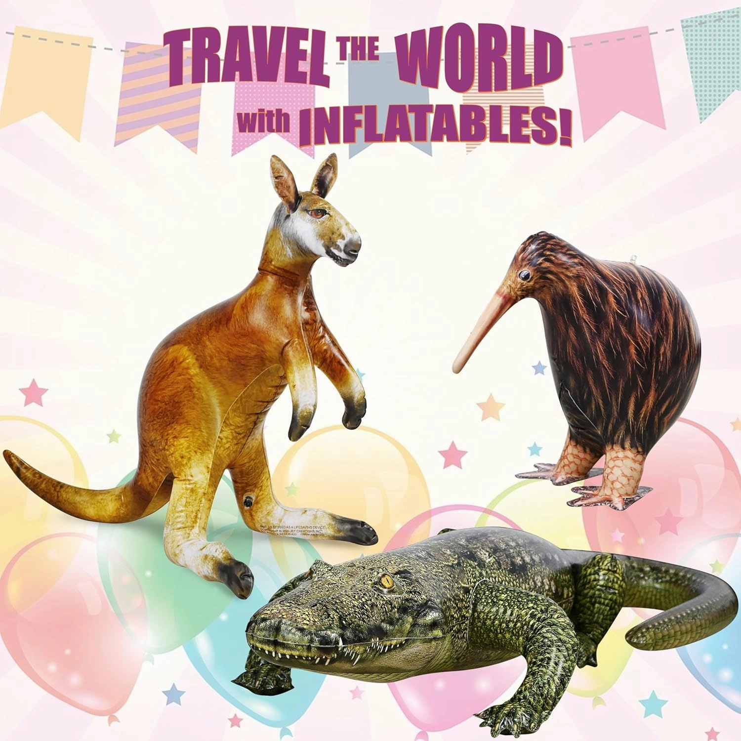 Jet Creations Life on Earth Wildlife Safari Inflatable, 3-PK, Kangaroo(30"), Kiwi Bird(15"), Alligator(49"), Realistic Animals for Party Decoration, Pool, Birthday, Jungle Photo Prop