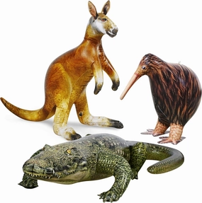 Jet Creations Life on Earth Wildlife Safari Inflatable, 3-PK, Kangaroo(30"), Kiwi Bird(15"), Alligator(49"), Realistic Animals for Party Decoration, Pool, Birthday, Jungle Photo Prop