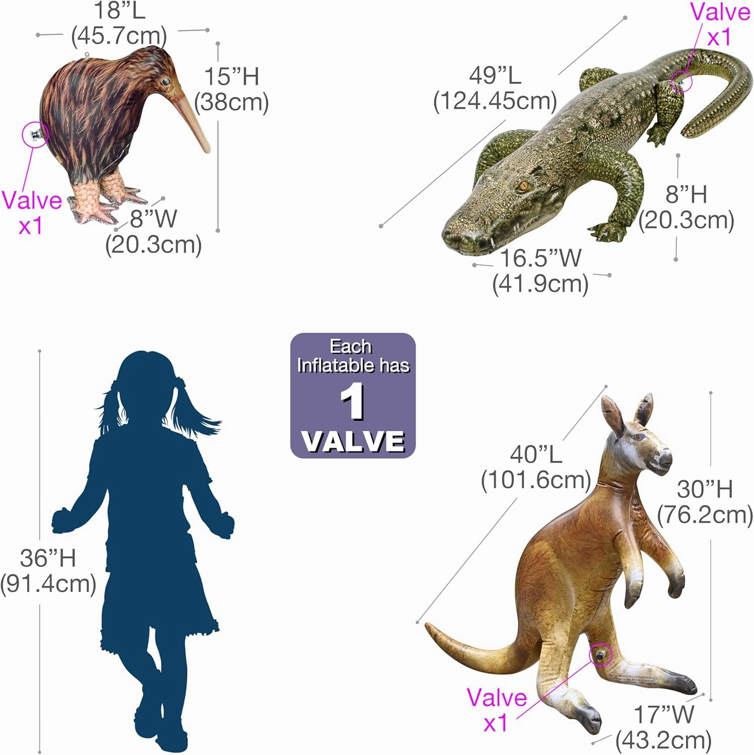 Jet Creations Life on Earth Wildlife Safari Inflatable, 3-PK, Kangaroo(30"), Kiwi Bird(15"), Alligator(49"), Realistic Animals for Party Decoration, Pool, Birthday, Jungle Photo Prop