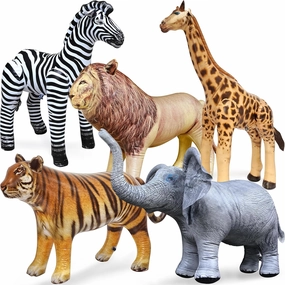 Jet Creations Life on Earth Wildlife Safari Inflatable, 5-PK, Giraffe(36"), Zebra(32"), Elephant(19"), Lion(24"), Tiger(20"), Realistic Animals for Party Decoration, Pool, Birthday, Jungle Photo Prop