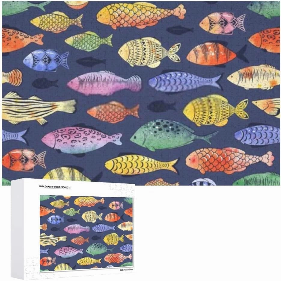 Jigsaw Puzzles Doodle Fishes Colorful Dark Blue Toy Kid Educational Games Brain Challenge Adults Art DIY Child Leisure Game Suitable Family Friends 500PCS