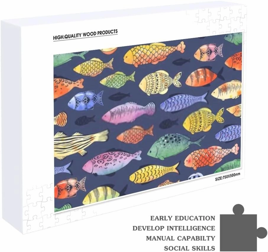 Jigsaw Puzzles Doodle Fishes Colorful Dark Blue Toy Kid Educational Games Brain Challenge Adults Art DIY Child Leisure Game Suitable Family Friends 500PCS