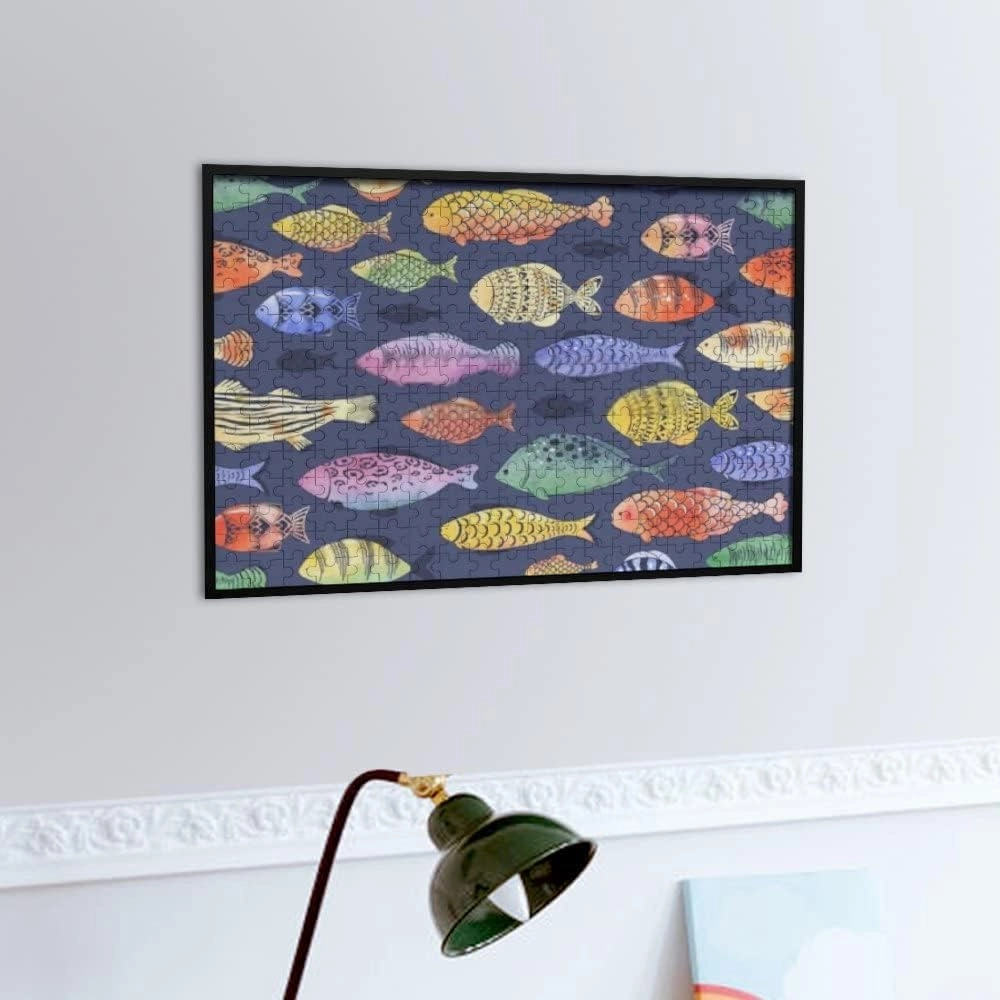 Jigsaw Puzzles Doodle Fishes Colorful Dark Blue Toy Kid Educational Games Brain Challenge Adults Art DIY Child Leisure Game Suitable Family Friends 500PCS