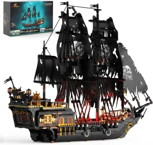JMBricklayer Pirate Ship Building Toys with Lights, Pearl Pirate Ship Model Boat Kit 40002, Black Ship Toy Building Sets for Adult Boys Girls 14 , Home Office Decor(1713 PCS) New Upgrade