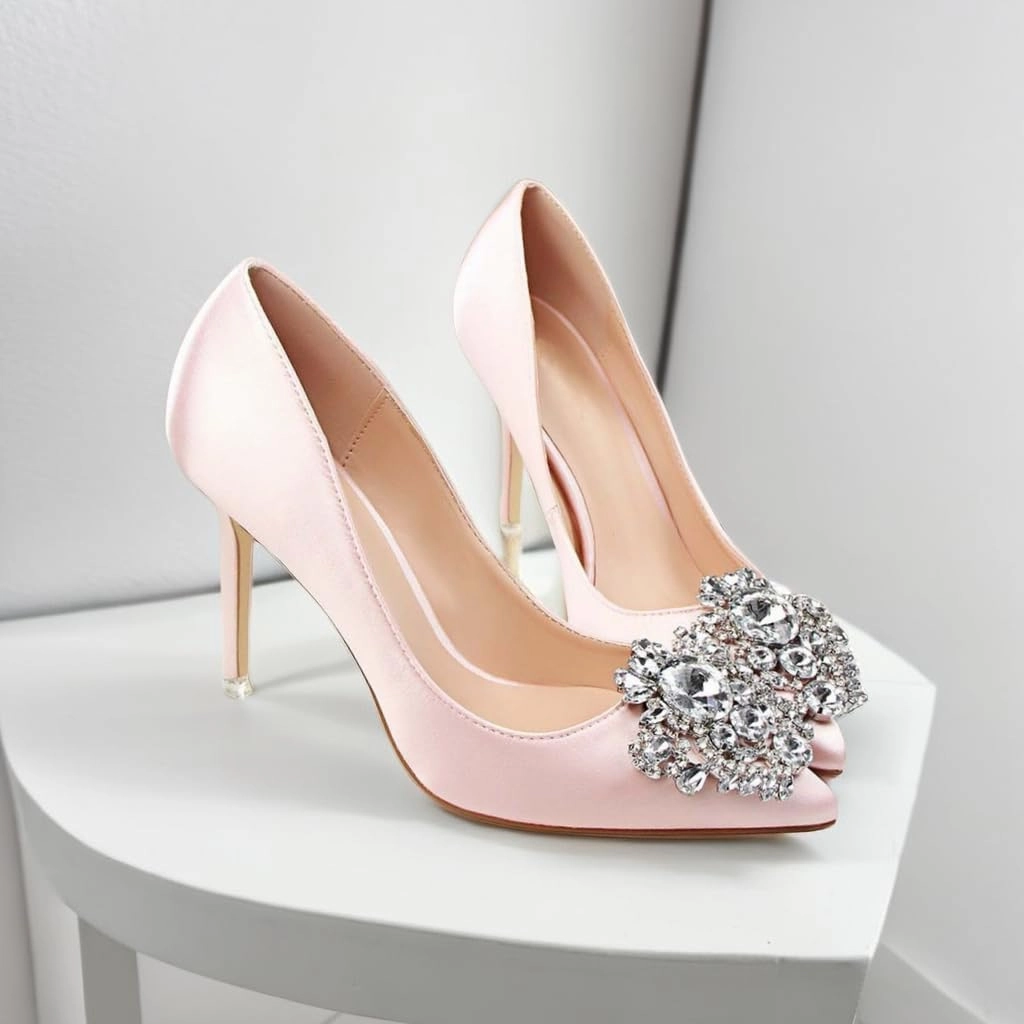 JOEupin Womens Rhinestone Satin Pumps Evening Party High Heel Pumps Wedding Bridal Stilettos Shoes
