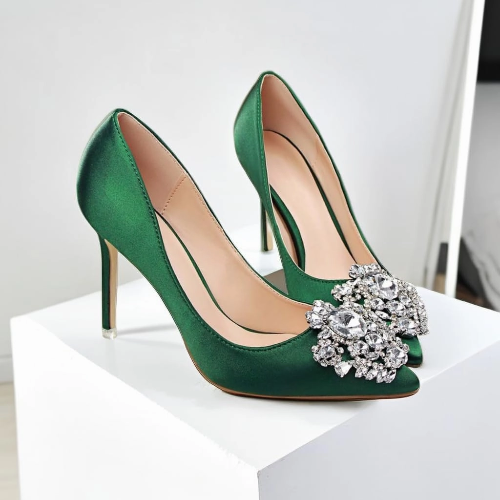 JOEupin Womens Rhinestone Satin Pumps Evening Party High Heel Pumps Wedding Bridal Stilettos Shoes