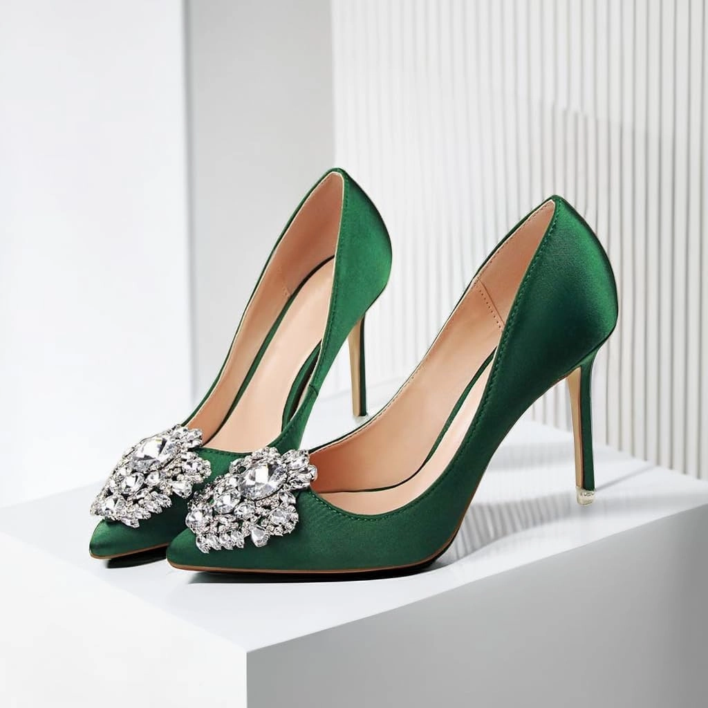 JOEupin Womens Rhinestone Satin Pumps Evening Party High Heel Pumps Wedding Bridal Stilettos Shoes