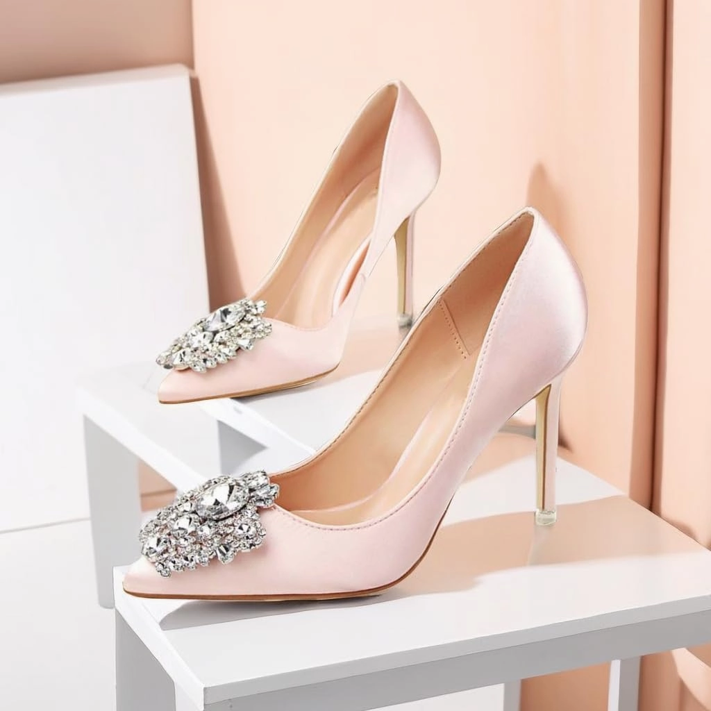 JOEupin Womens Rhinestone Satin Pumps Evening Party High Heel Pumps Wedding Bridal Stilettos Shoes