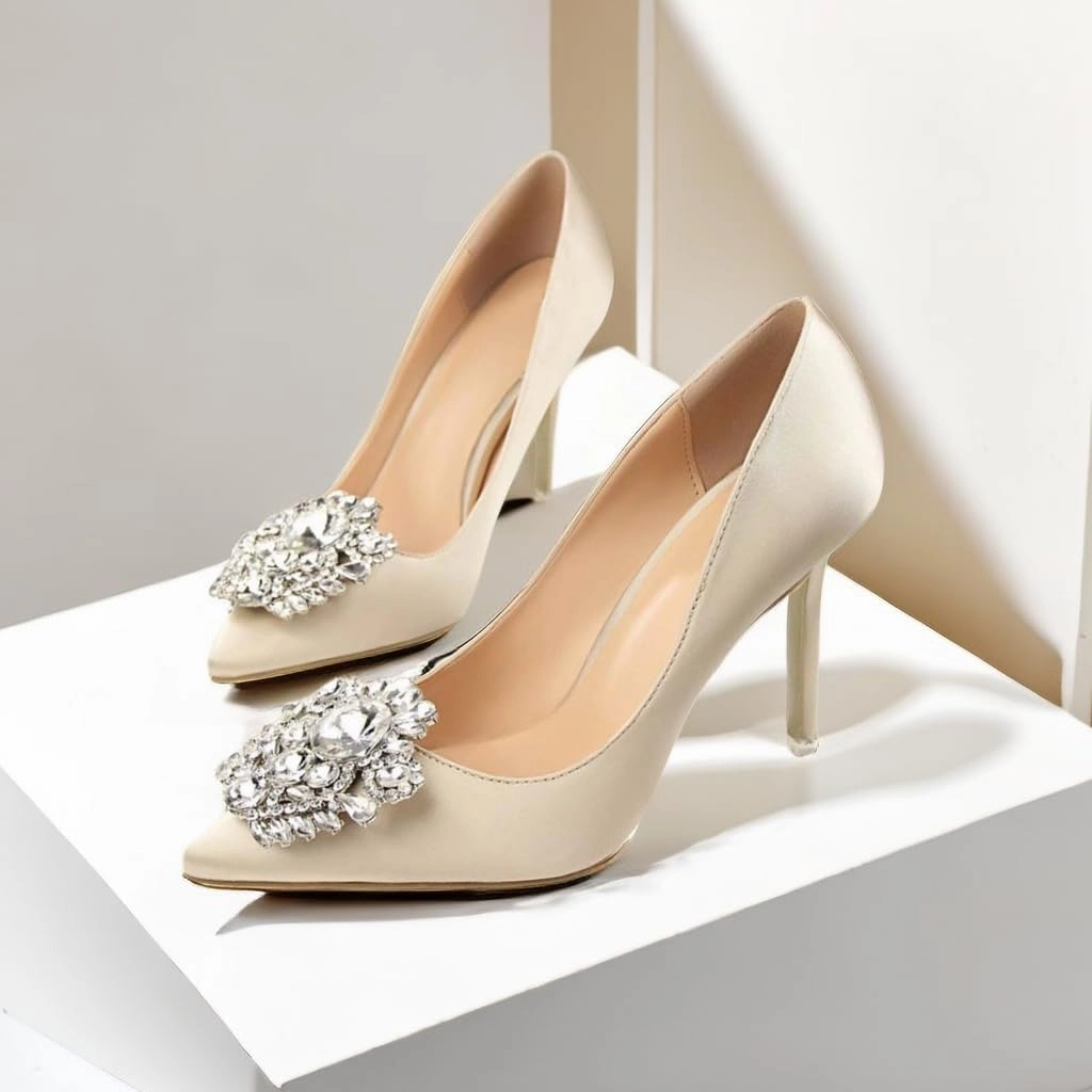 JOEupin Womens Rhinestone Satin Pumps Evening Party High Heel Pumps Wedding Bridal Stilettos Shoes