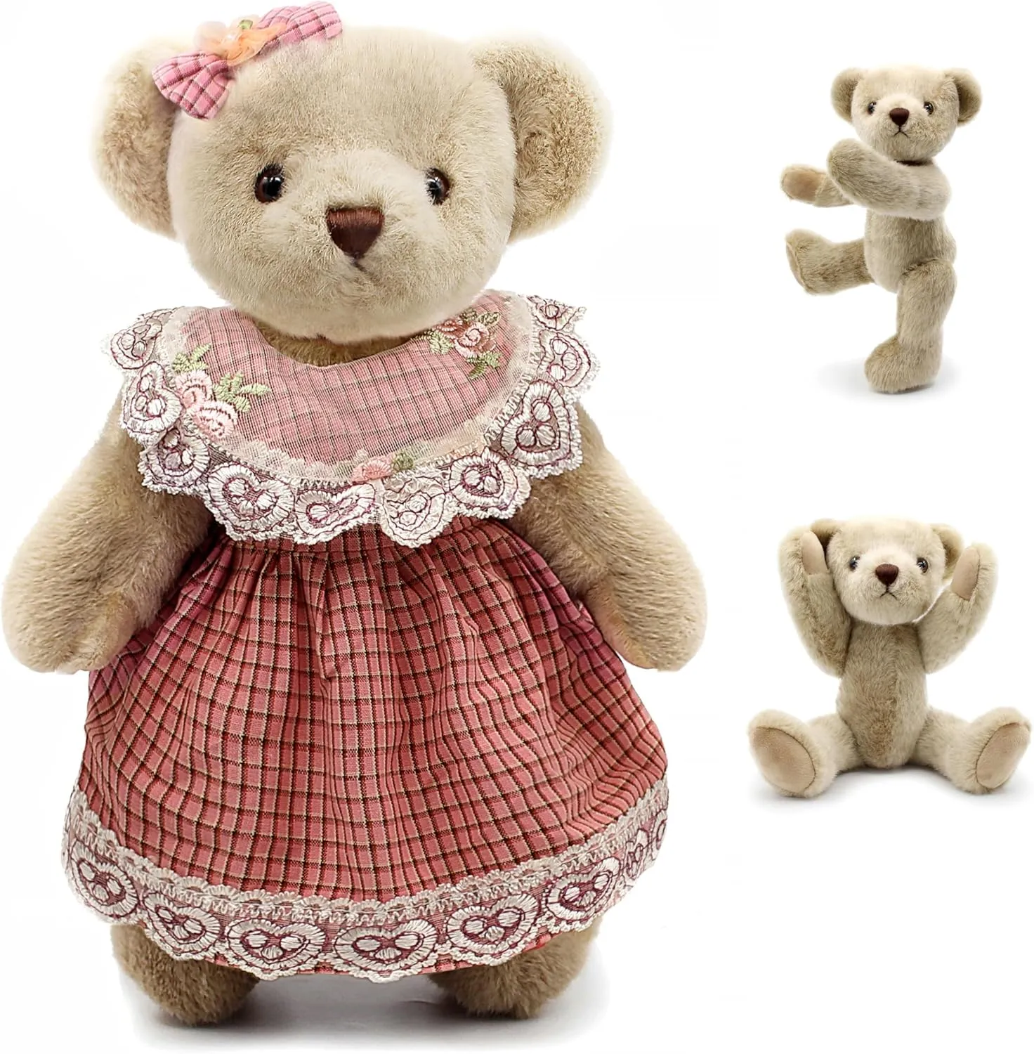 Jointed Teddy Bear Stuffed Animals Small Soft Plush Toy with Cloth (Pink Lace 13Inch)