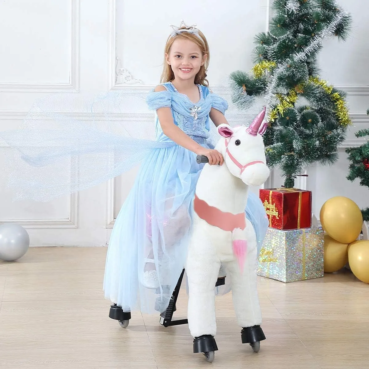 JoJoPooNy Ride on Unicorn Toys for Girls, Ride on Horse Riding Pony for Children 6-14 Years Old, Rideable Plush Walking Horse Animal with Wheels