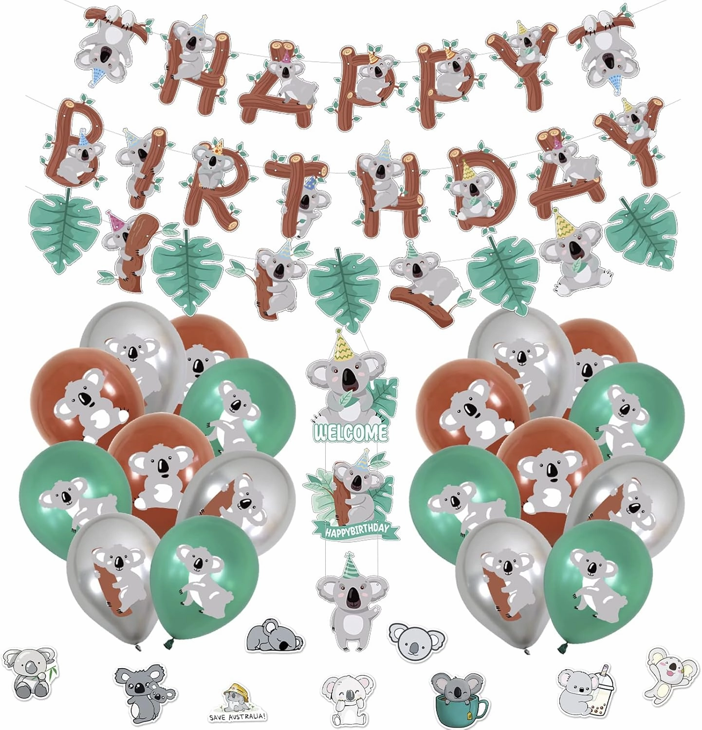JOPARY Koala Birthday Party Decorations Koala Party Supplies with Koala Balloon,Koala Birthday Banner,Garland,Door Hanging and Stickes for Koala Animal Theme Birthday Party Baby Shower Decorations
