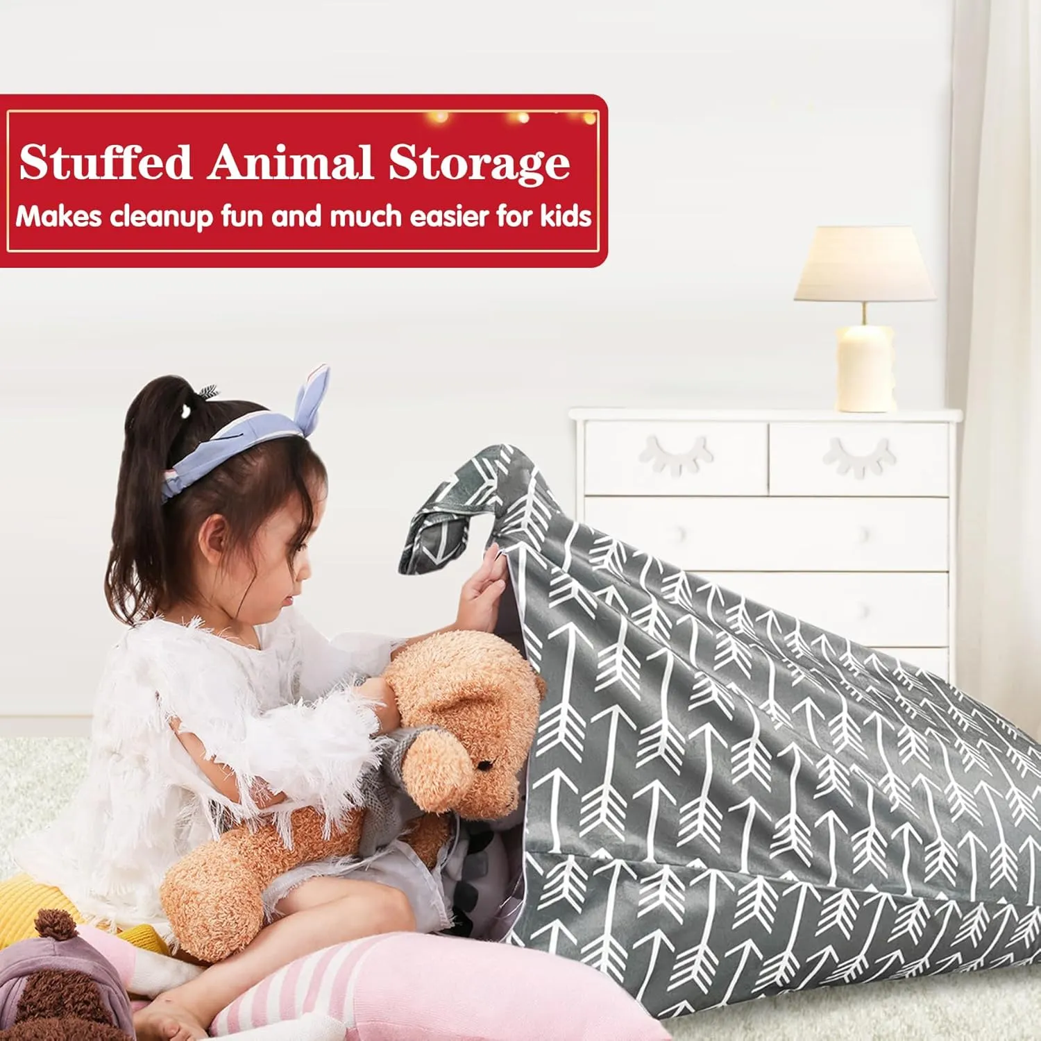 Jorbest Stuffed Animal Storage Bean Bag Chair for Kids and Adults, Bean Bag Stuffed Animal Storage, Velvet Stuffie Seat - Cover ONLY (Grey with White Arrows 200 L/52 Gal)