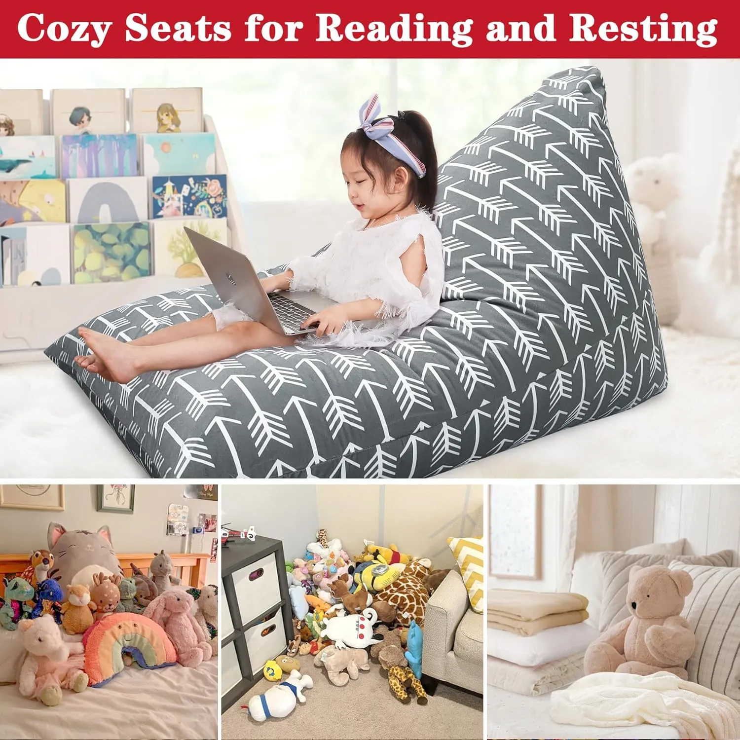 Jorbest Stuffed Animal Storage Bean Bag Chair for Kids and Adults, Bean Bag Stuffed Animal Storage, Velvet Stuffie Seat - Cover ONLY (Grey with White Arrows 200 L/52 Gal)