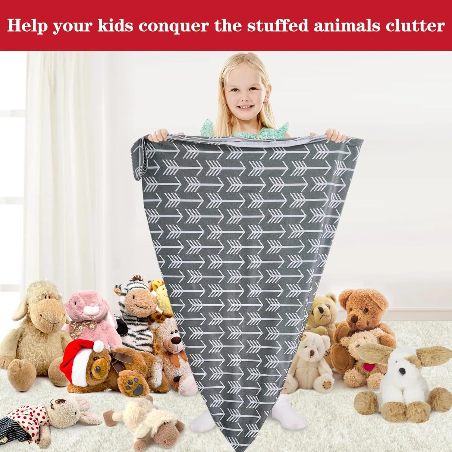 Jorbest Stuffed Animal Storage Bean Bag Chair for Kids and Adults, Bean Bag Stuffed Animal Storage, Velvet Stuffie Seat - Cover ONLY (Grey with White Arrows 200 L/52 Gal)