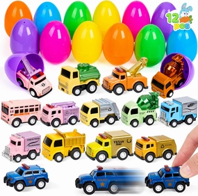 JOYIN 12 Pcs Easter Eggs Filled with Toy Cars, Colorful Stuffed Eggs with Pull Back Die-Cast Cars for Easter Hunt Game, Kids Basket Stuffer, Party Favor, Classroom Prize