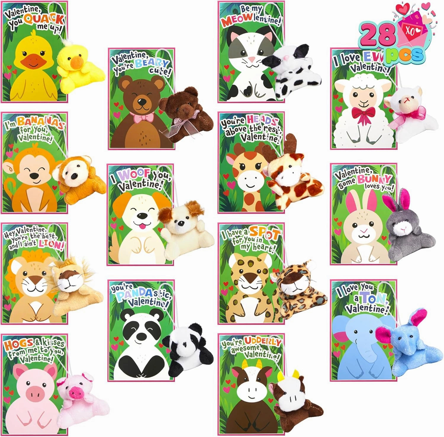 JOYIN 28 Pack Gifts Cards for Kids with Animal Plush Toy Key Chain Stress Relief Fidget Toy for Classroom Exchange Cards and Kids Party Favor
