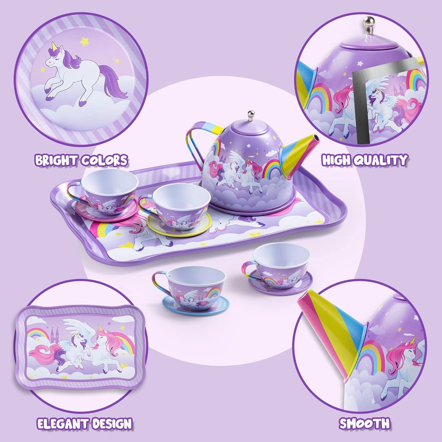 JOYIN Unicorn Tea Party Set for Little Girls, Pretend Purple Tin Teapot Set, Princess Tea Time Play Kitchen Toy with Teapot, Cup, Plate, Carrying Case for Birthday Easter Gift Kids Toddler Age 3 4 5 6