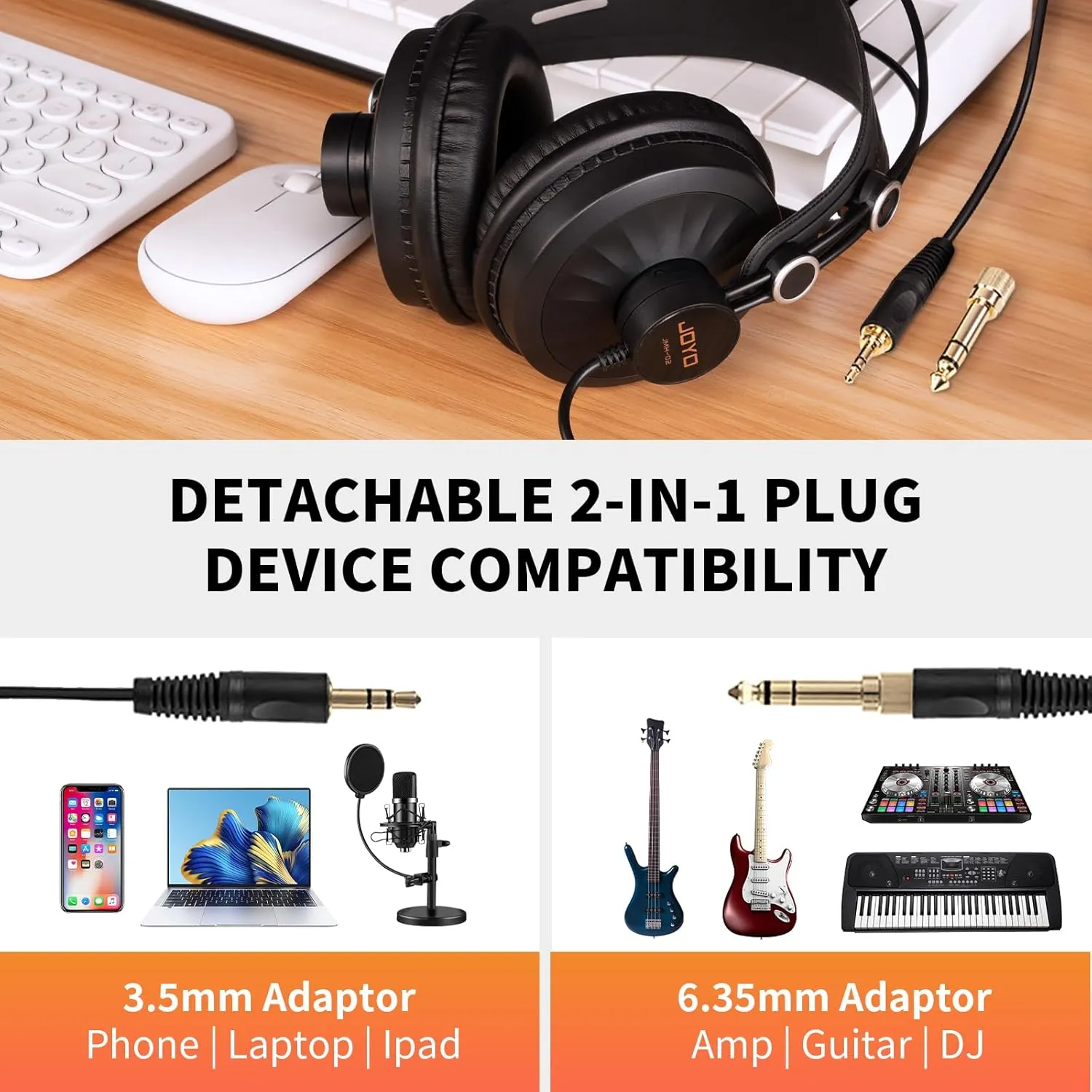 JOYO Studio Headphones Monitor Headphone for Recording Over Ear Noise Canceling for Guitar Cellphone Mixer Amplifier Podcast DJ and Keyboard Piano (JMH-02)
