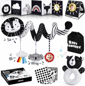 Joyreal High Contrast Baby Toys for Newborn, Black and White Baby Sensory Toys with Car Seat Toys,Infant Toys with Black White Cards Book, Montessori Toys for Baby Gifts