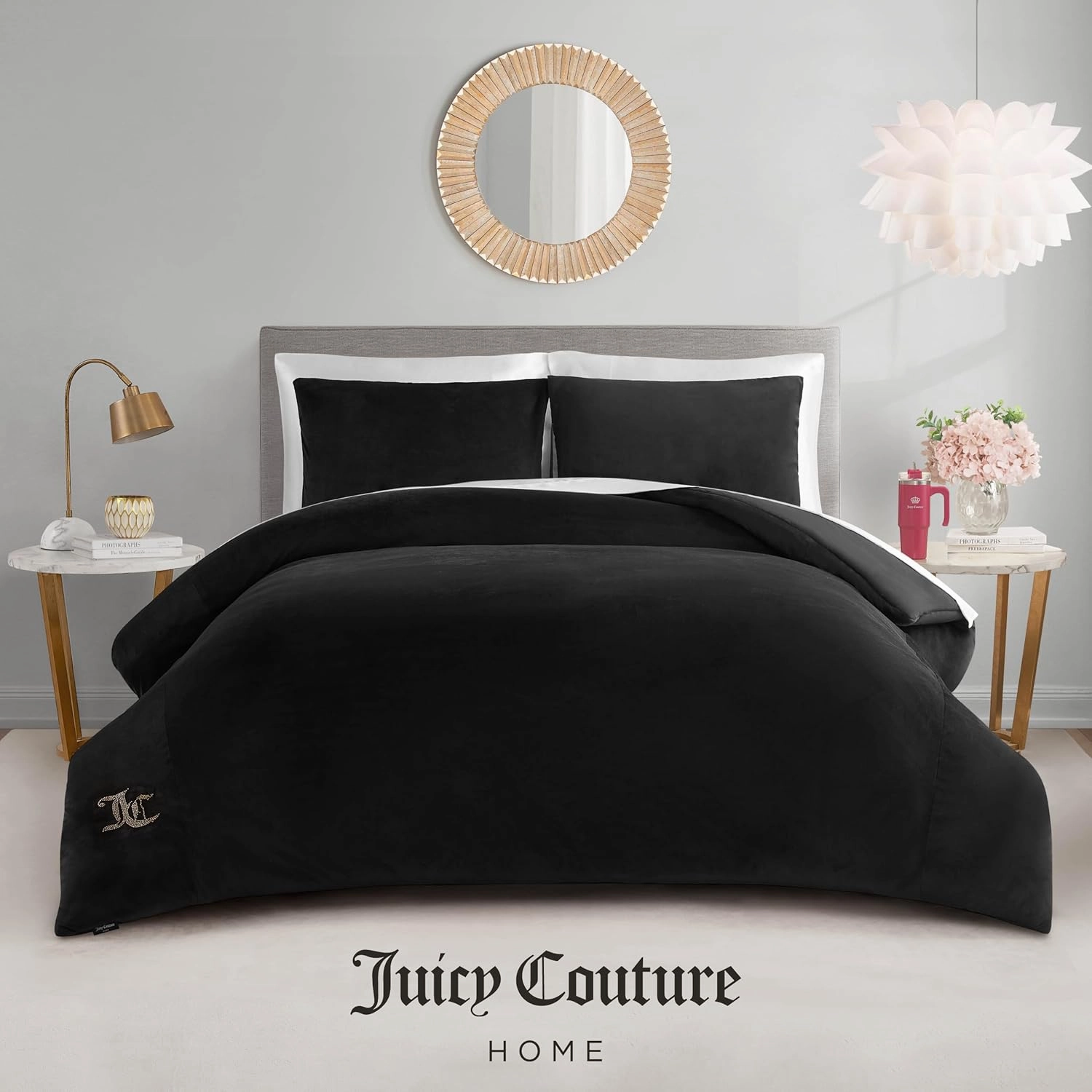 Juicy Couture Black Velour Full/Queen Comforter Set - 3 Piece Luxury Bedding Ensemble