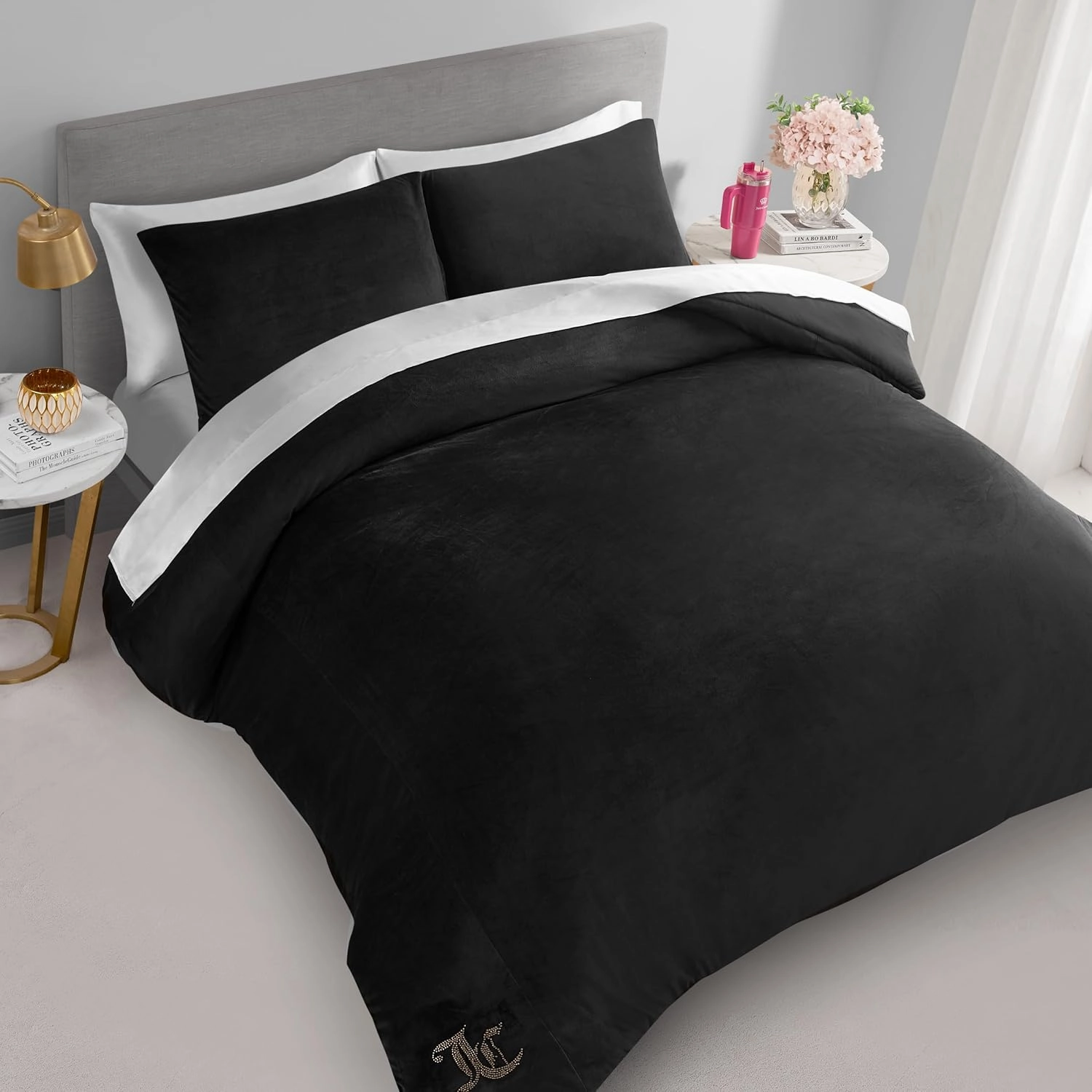 Juicy Couture Black Velour Full/Queen Comforter Set - 3 Piece Luxury Bedding Ensemble