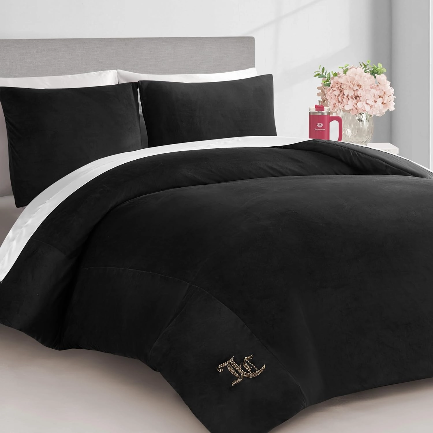Juicy Couture Black Velour Full/Queen Comforter Set - 3 Piece Luxury Bedding Ensemble