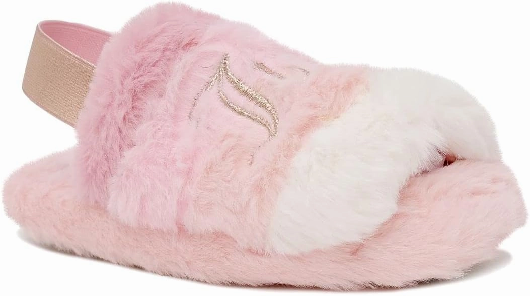 Juicy Couture Girls Fluffy Slippers for Kids – Cute Fuzzy Open-Toe Fur Slides – Plush, Warm Indoor House Slip-Ons