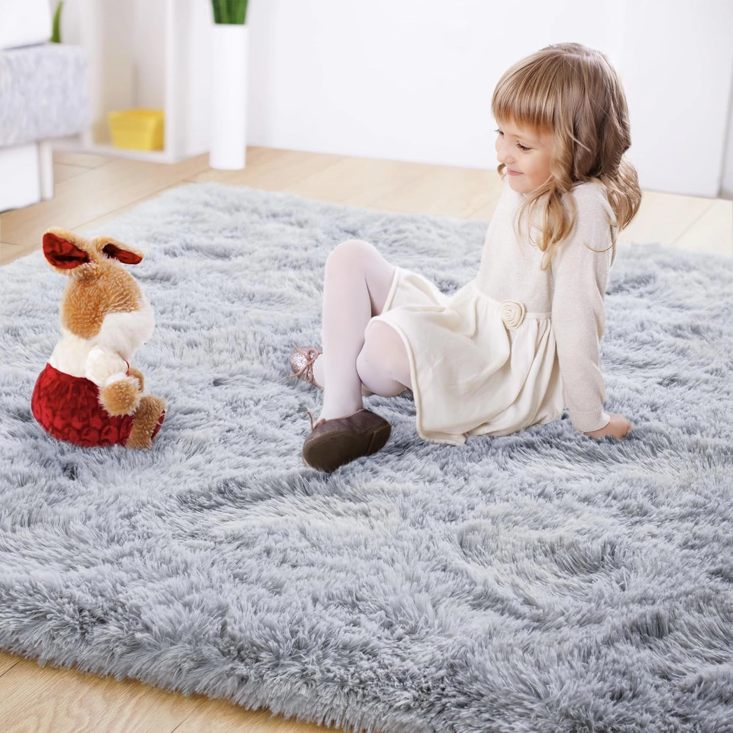 junovo Washable, Non-Slip Area Rug, Soft Area Rugs for Bedroom 4x6 Feet Fluffy Rug Carpets for Living Room Shaggy Rugs for Kids Teens Girls Boys Indoor Plush Rug for Bedroom Room, Gray