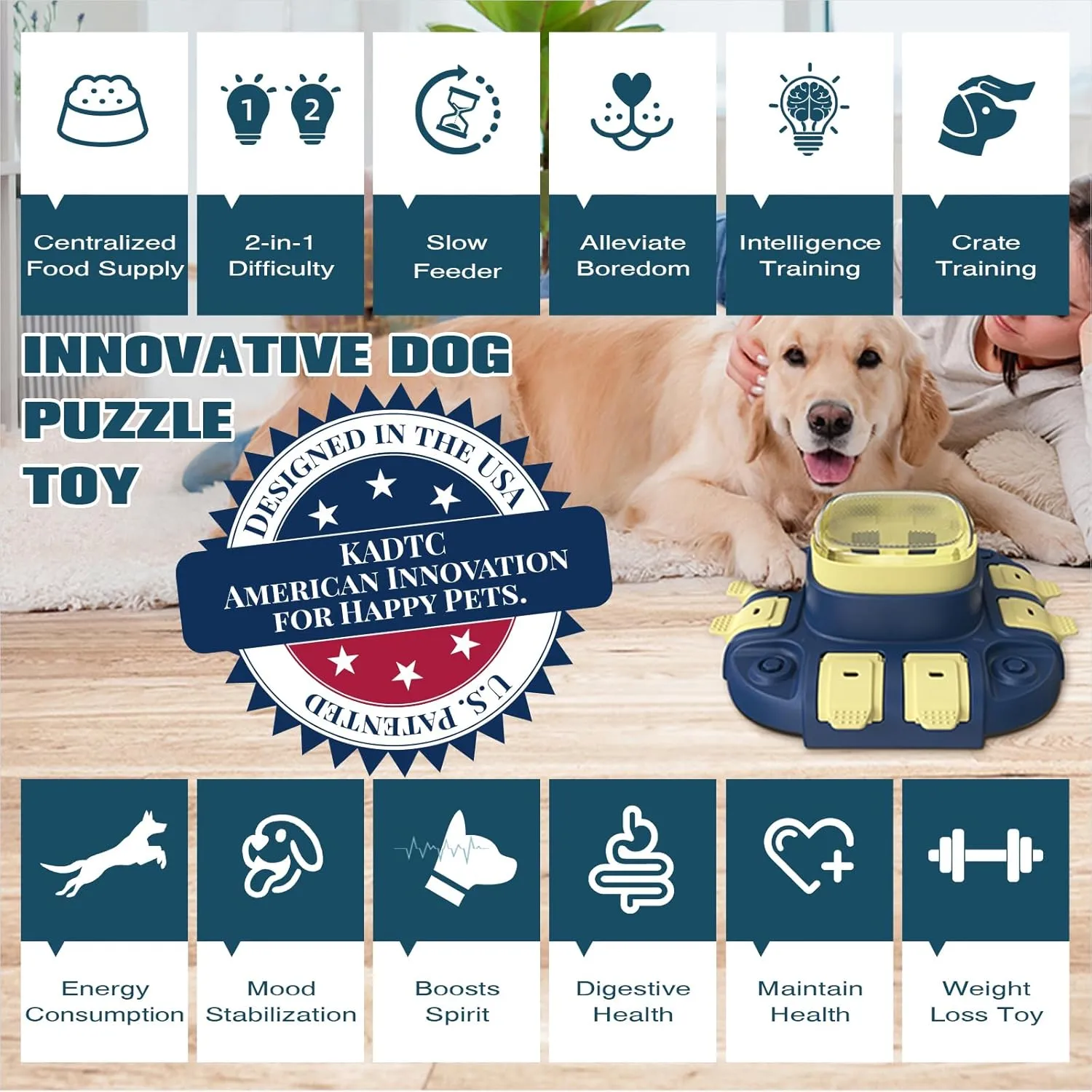 KADTC Dog Puzzle Toys Level 2 in 1 for Small/Medium/Large Dogs Slow Feeder with Button Mind Game Anti Boredom Keep Them Busy Enrichment Toy Treat Puzzles Food Dispenser Puppy Brain Mental Stimulation