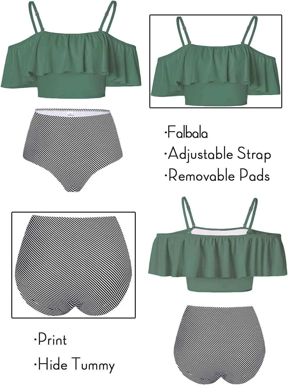 Kaei&Shi High Waisted Flounce Bikini Set,Tummy Control Swimsuits for Women,Off Shoulder