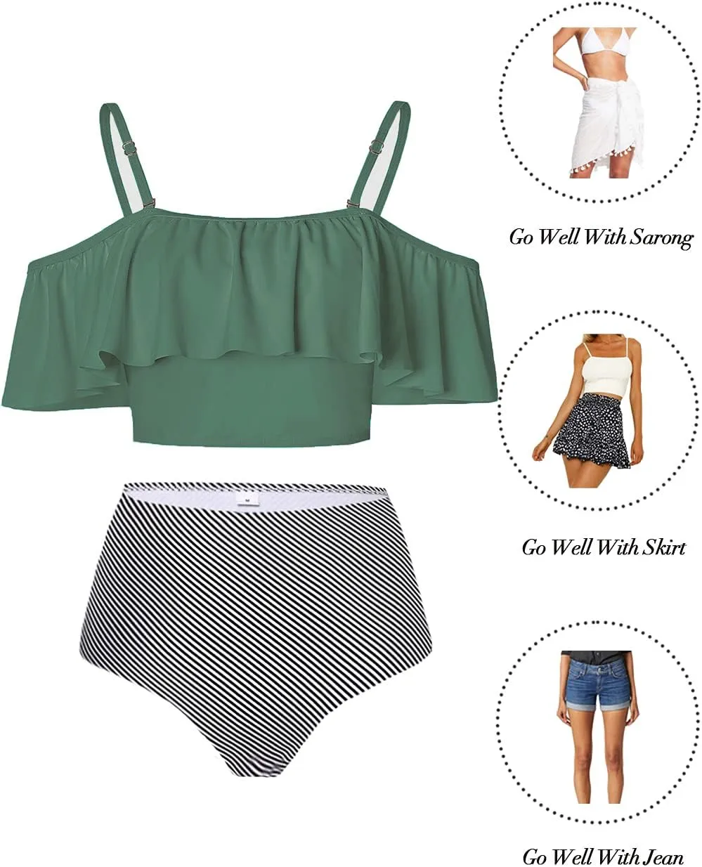 Kaei&Shi High Waisted Flounce Bikini Set,Tummy Control Swimsuits for Women,Off Shoulder