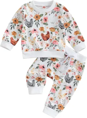 Kaipiclos Baby Girl Fall Winter Clothes Toddler Sweatsuit Outfit Floral Print Sweatshirt Long Sleeve Shirt Top Pants Clothing