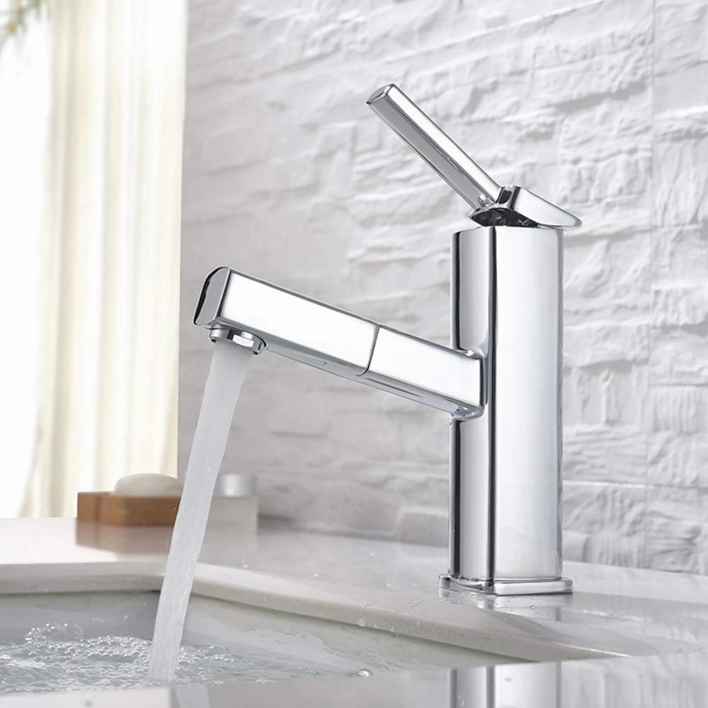 KAIYING Bathroom Sink Faucet with Pull Out Sprayer, Single Handle Basin Mixer Tap for Hot and Cold Water, Lavatory Pull Down Sink Faucet with Rotating Spout (Regular, Chrome)