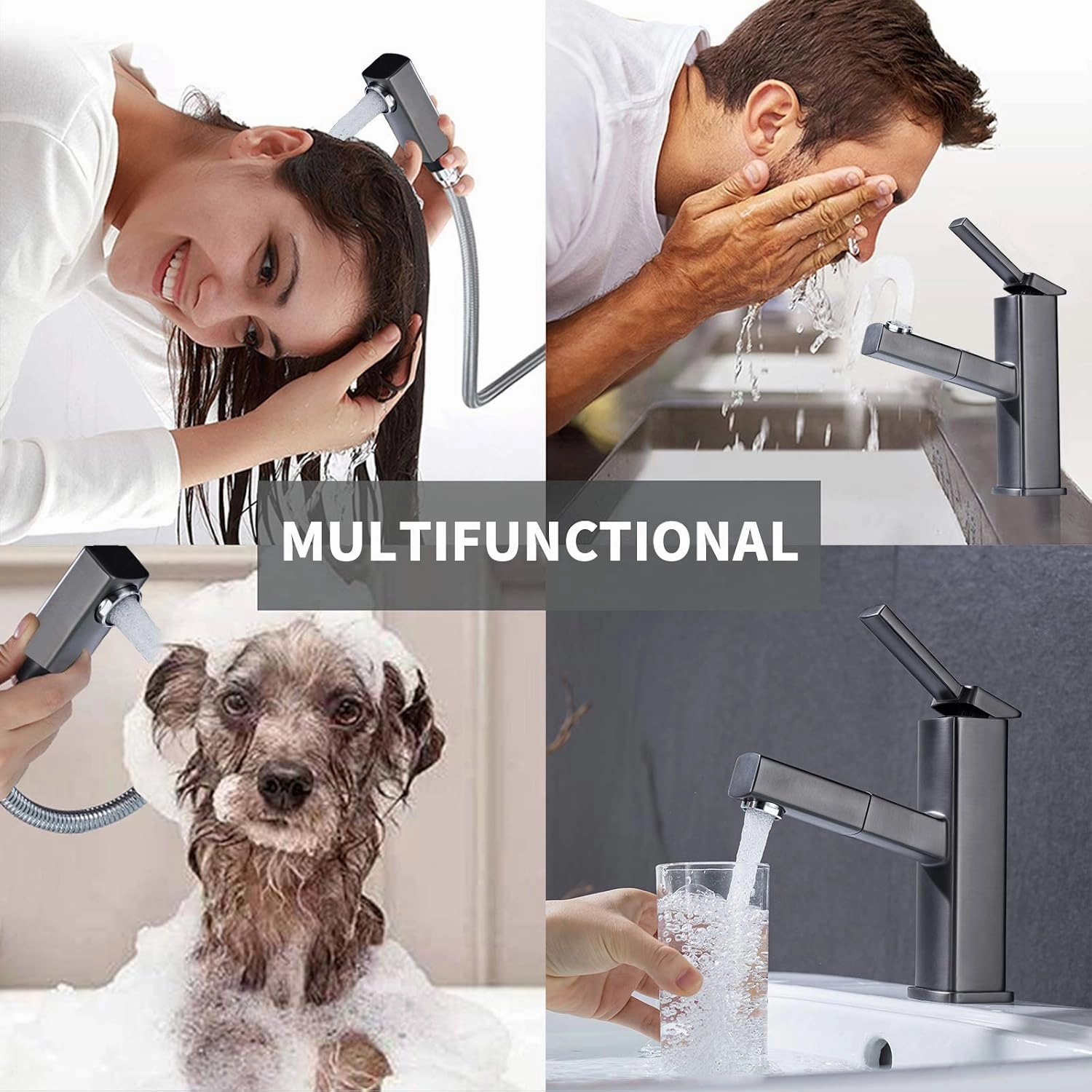 KAIYING Bathroom Sink Faucet with Pull Out Sprayer, Single Hole Utility Bar Sink Faucet, Lavatory Pull Down RV Sink Faucets with Rotating Spout, Single Handle (Regular, Gray)