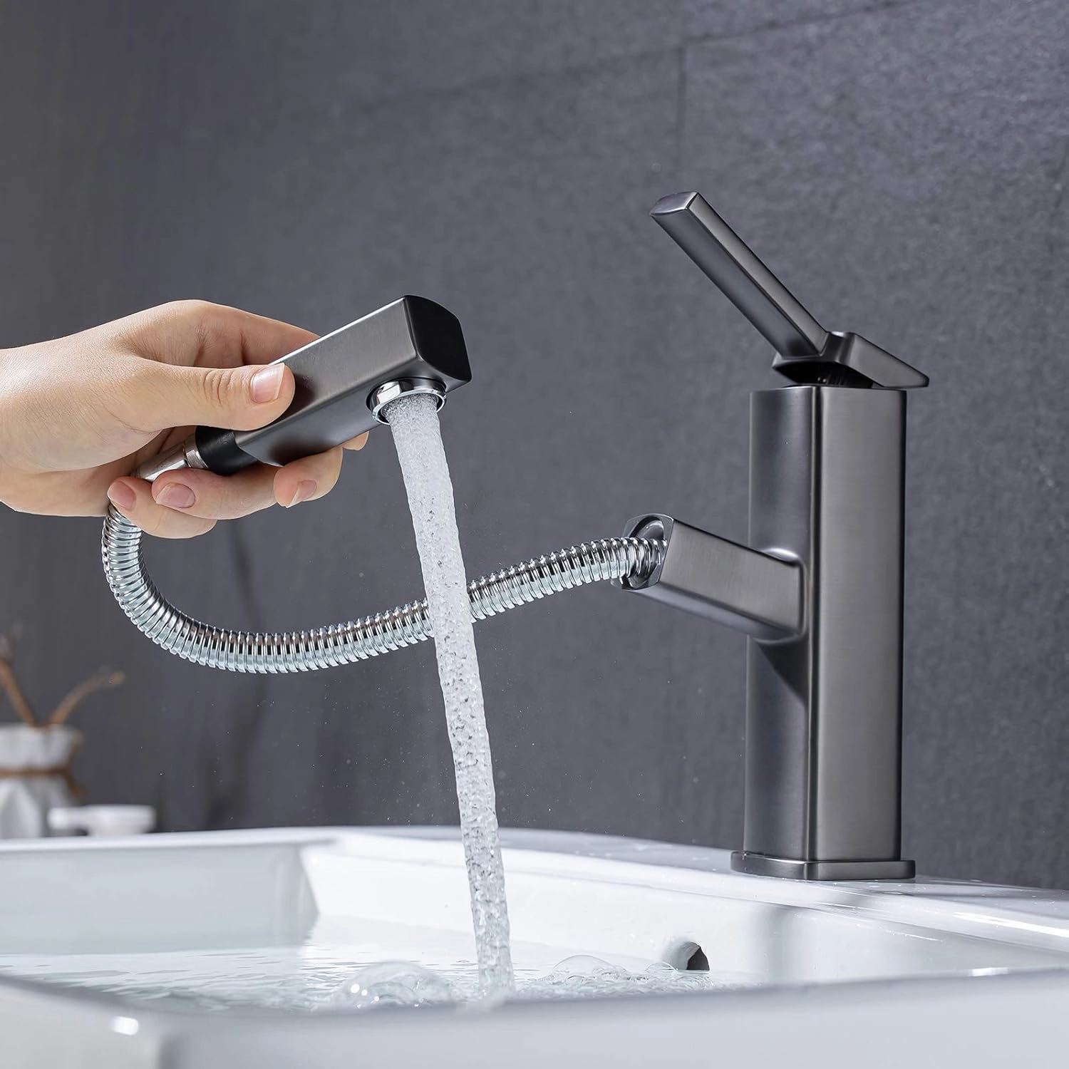 KAIYING Bathroom Sink Faucet with Pull Out Sprayer, Single Hole Utility Bar Sink Faucet, Lavatory Pull Down RV Sink Faucets with Rotating Spout, Single Handle (Regular, Gray)