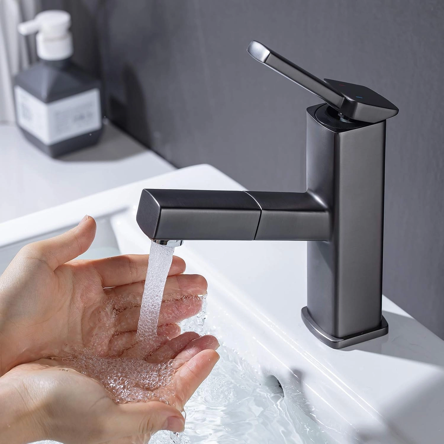 KAIYING Bathroom Sink Faucet with Pull Out Sprayer, Single Hole Utility Bar Sink Faucet, Lavatory Pull Down RV Sink Faucets with Rotating Spout, Single Handle (Regular, Gray)