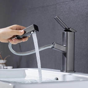 KAIYING Bathroom Sink Faucet with Pull Out Sprayer, Single Hole Utility Bar Sink Faucet, Lavatory Pull Down RV Sink Faucets with Rotating Spout, Single Handle (Regular, Gray)