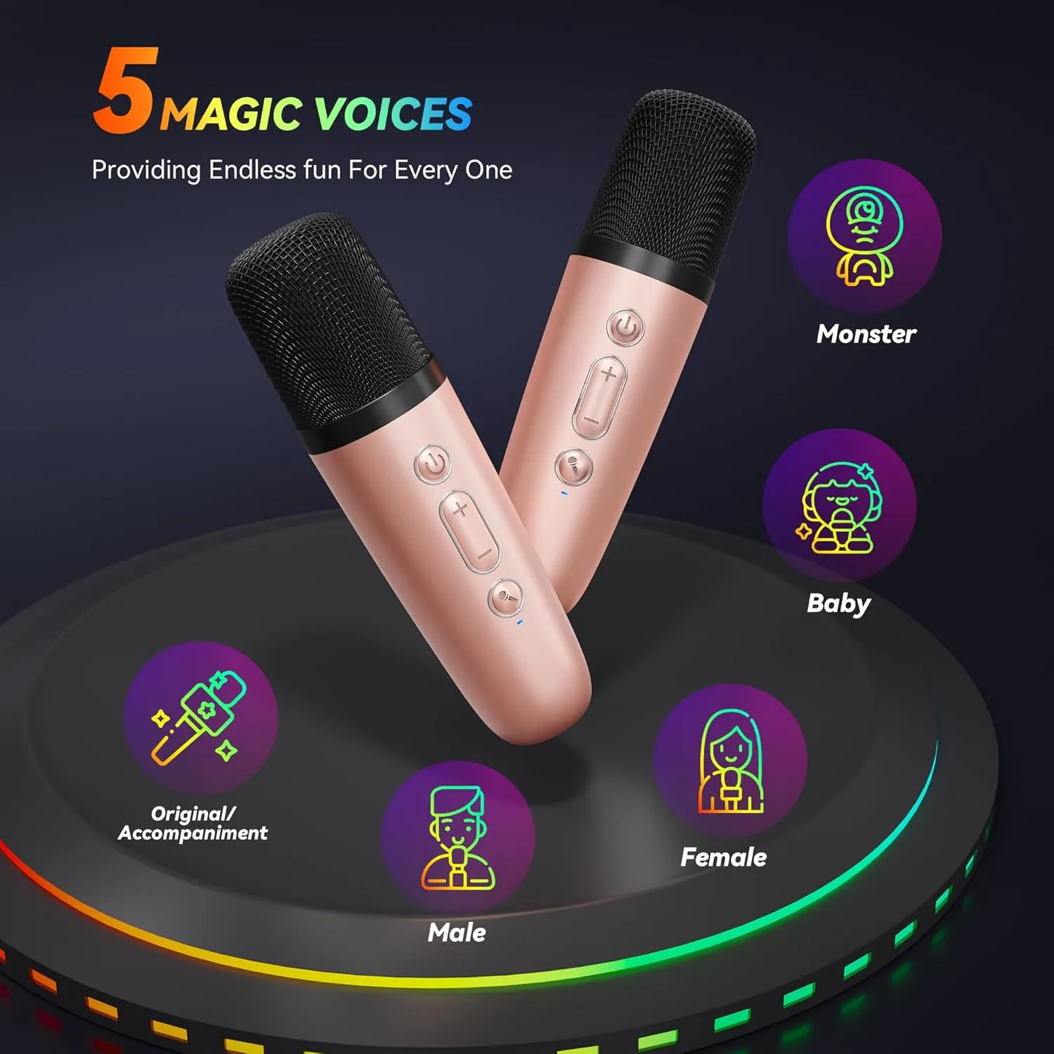 Karaoke Player, Karaoke Machine for Adults, Portable Bluetooth Mini Karaoke Microphone Singing Speaker Player with 2 Wireless Mic, All Smartphones,Birthday, Family,Home Party(Rose Gold)