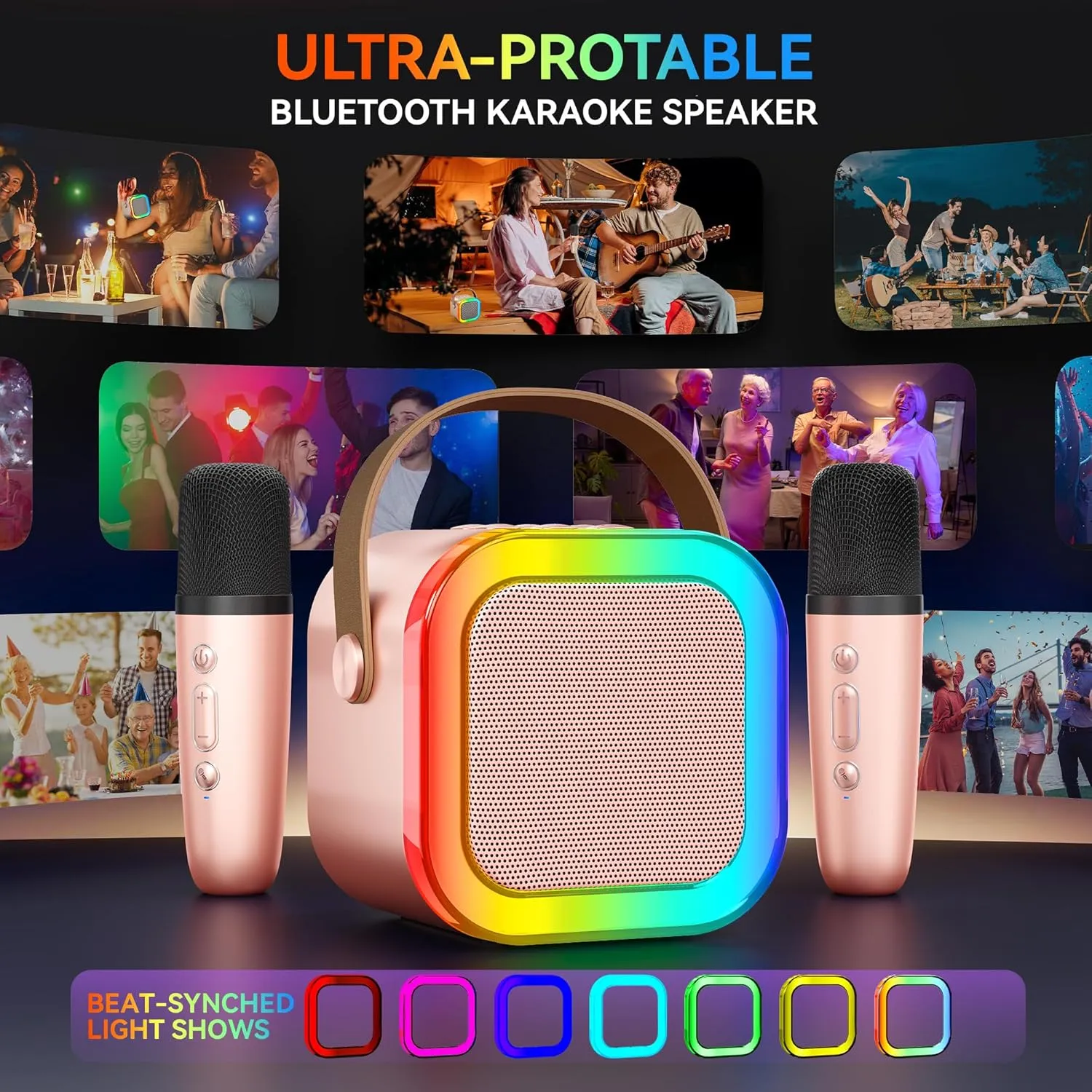 Karaoke Player, Karaoke Machine for Adults, Portable Bluetooth Mini Karaoke Microphone Singing Speaker Player with 2 Wireless Mic, All Smartphones,Birthday, Family,Home Party(Rose Gold)