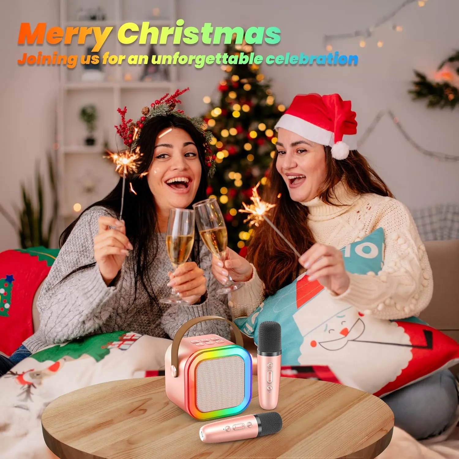 Karaoke Player, Karaoke Machine for Adults, Portable Bluetooth Mini Karaoke Microphone Singing Speaker Player with 2 Wireless Mic, All Smartphones,Birthday, Family,Home Party(Rose Gold)