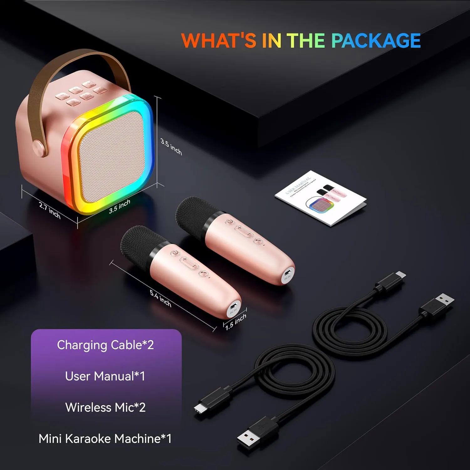 Karaoke Player, Karaoke Machine for Adults, Portable Bluetooth Mini Karaoke Microphone Singing Speaker Player with 2 Wireless Mic, All Smartphones,Birthday, Family,Home Party(Rose Gold)