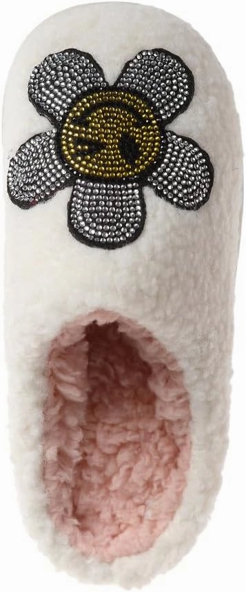 kensie Kids Slippers for Girls - Flower and Smiley Face Fuzzy House Shoes with Rhinestones, Cozy Indoor Slippers for Little Kid/Big Kid