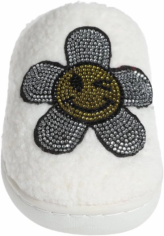 kensie Kids Slippers for Girls - Flower and Smiley Face Fuzzy House Shoes with Rhinestones, Cozy Indoor Slippers for Little Kid/Big Kid