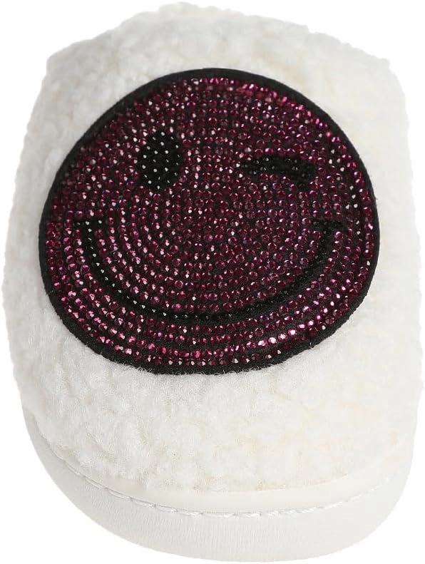 kensie Kids Slippers for Girls - Flower and Smiley Face Fuzzy House Shoes with Rhinestones, Cozy Indoor Slippers for Little Kid/Big Kid